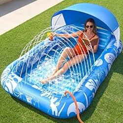 Inflatable Tanning Pool Lounger Float with Sprinkler & Canopy UPF50+, 77" x 48" Extra Large Tanning Pool Float for Adults, Sunbathing Water Lounge Bed with Pillow & Cup Holder for Backyard & Pool