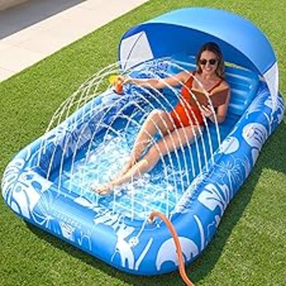 Inflatable Tanning Pool Lounger Float with Sprinkler & Canopy UPF50+, 77" x 48" Extra Large Tanning Pool Float for Adults, Sunbathing Water Lounge Bed with Pillow & Cup Holder for Backyard & Pool