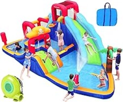 ELEMARA Inflatable Water Slide Bounce House, 10 in 1 Inflatable Water Park with Blower, 2 Slides & 2 Climbing Walls & 2 Water Guns, Deep Pool Giant Splash Pool, Water Slides for Kids Backyard for 6