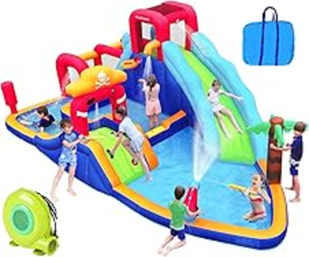 ELEMARA Inflatable Water Slide Bounce House, 10 in 1 Inflatable Water Park with Blower, 2 Slides & 2 Climbing Walls & 2 Water Guns, Deep Pool Giant Splash Pool, Water Slides for Kids Backyard for 6