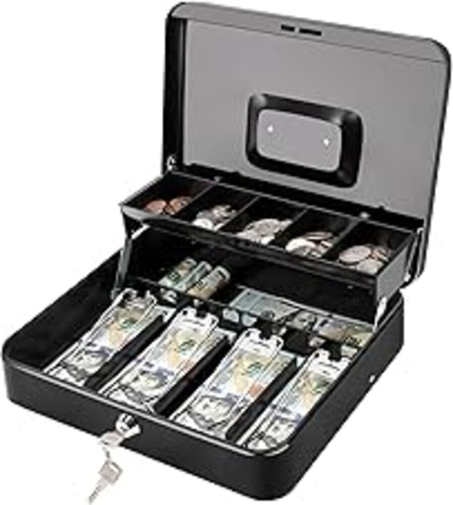 Jssmst Cash Box with Key Lock - 0.7mm Solid Steel, Auto-Pop Spill-Proof Foam Coin Tray, 4 Finger-Safe No-Pinch Bill Clips, Portable Cash Drawer for Small Business & Yard Sales, 11.8x9.5x3.54 in, Black