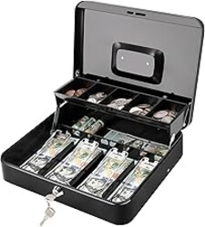 Jssmst Cash Box with Key Lock - 0.7mm Solid Steel, Auto-Pop Spill-Proof Foam Coin Tray, 4 Finger-Safe No-Pinch Bill Clips, Portable Cash Drawer for Small Business & Yard Sales, 11.8x9.5x3.54 in, Black