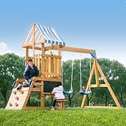 ROBOTIME Wooden Swing Set for Backyard, All-in-One Kids Outdoor Play Equipment with Swings, Slide, Climbing Rope Ladder, Outdoor Swing Playset for Kids Ages 3-10