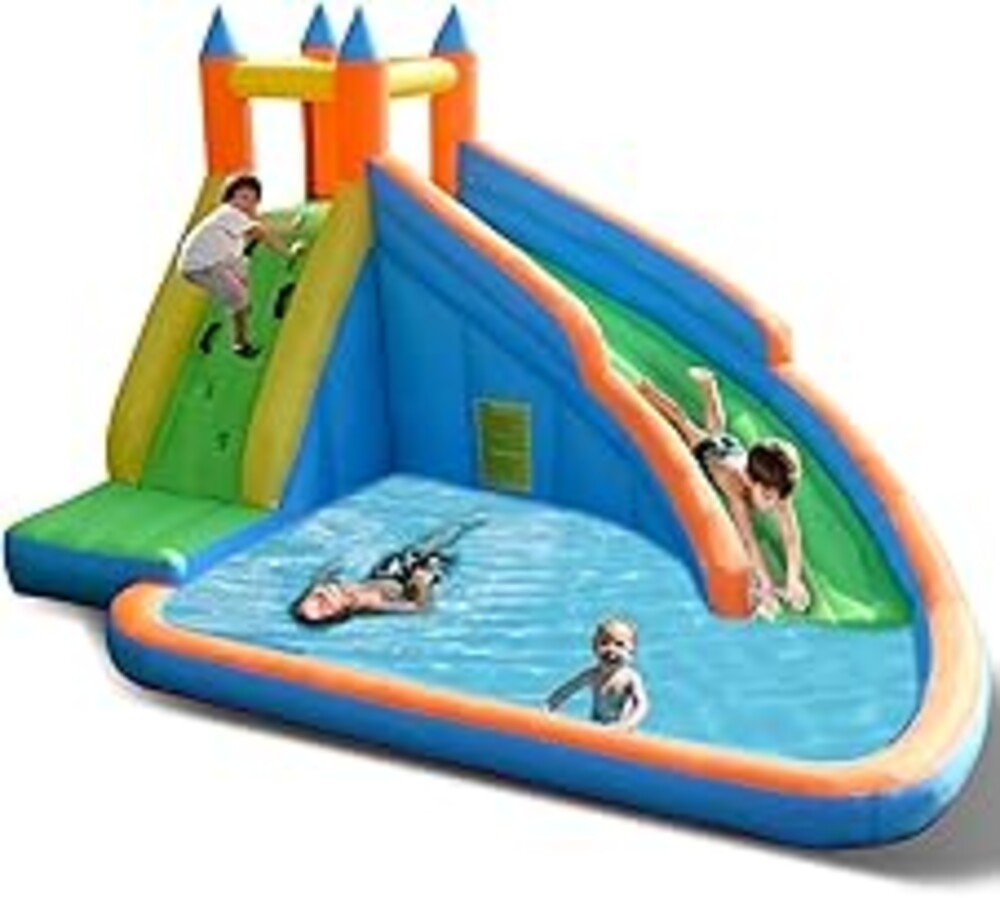 Costzon Inflatable Water Slide, Giant Bouncy Water Park Jump Castle Waterslide for Kids Backyard Outdoor Fun with Climbing Wall, Splash Pool, Blow up Water Slides Inflatables for Kids Party Gifts
