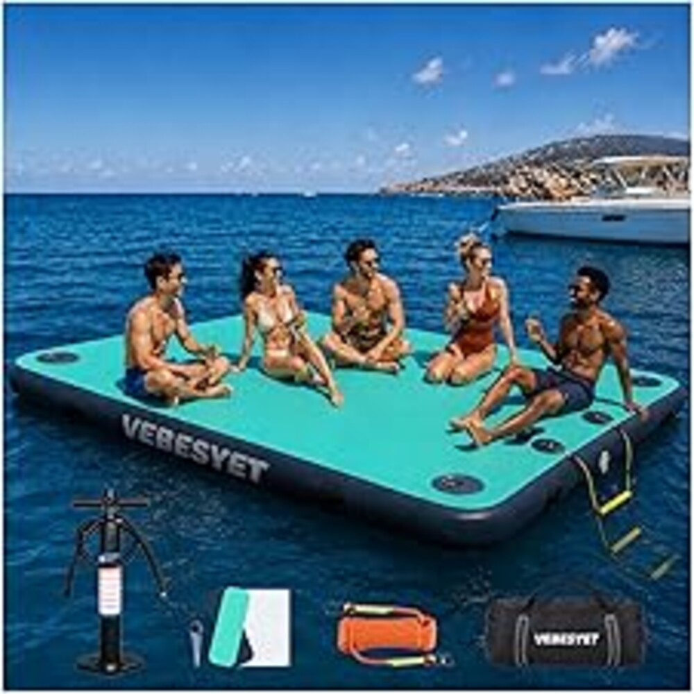 VEBESYET Inflatable Floating Dock with Soft Ladder, 6 inch Thick Non-Slip Inflatable Dock Floating Platform, Durable Drop-Stitch Inflatable Dock for Lake, Ocean, Swimming & Fishing
