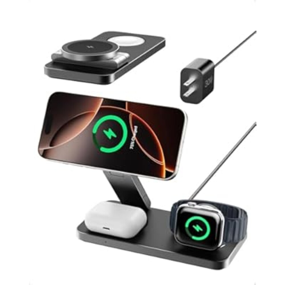 Intoval 3-in-1 Foldable Wireless Charging Station, Qi2 Certified 15W Ultra Fast Wireless Charger for Magsafe, Magnetic Charger Stand for iPhone 17/16/15/14/13/12, Apple Watch & AirPods.(Black)