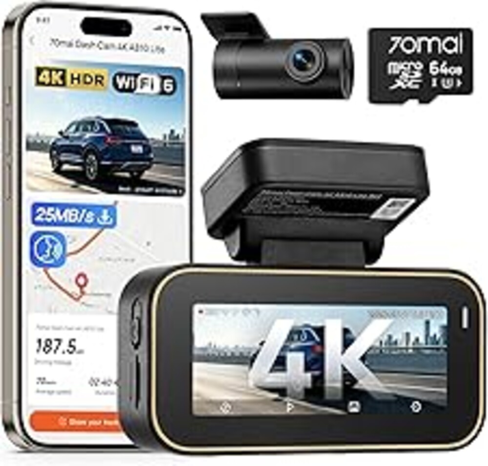 70mai A810 Lite 4K Dash Cam Front and Rear, 5GHz Wi-Fi 6 DashCam, Car Camera 4G LTE Remote Access, GPS Tracking, HDR Night Vision, 24H Parking Mode, Voice Control, Emergency Lock, Loop Recording