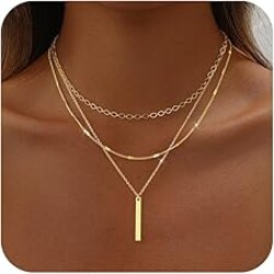 Remmocy Gold Necklace for Women 14K Gold Plated Layered Cross Bar Necklace Herringbone Figaro Paperclip Flat Chain Cute Charm Accessories Non Tarnish Jewelry Set Gifts for Women
