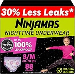 Ninjamas Girls Bedwetting Nighttime Underwear, Size S/M (38-70 lbs), 88 Count, Overnight Protection, Ultra Absorbent, Hypoallergenic