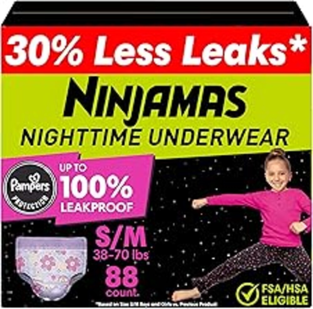 Ninjamas Girls Bedwetting Nighttime Underwear, Size S/M (38-70 lbs), 88 Count, Overnight Protection, Ultra Absorbent, Hypoallergenic