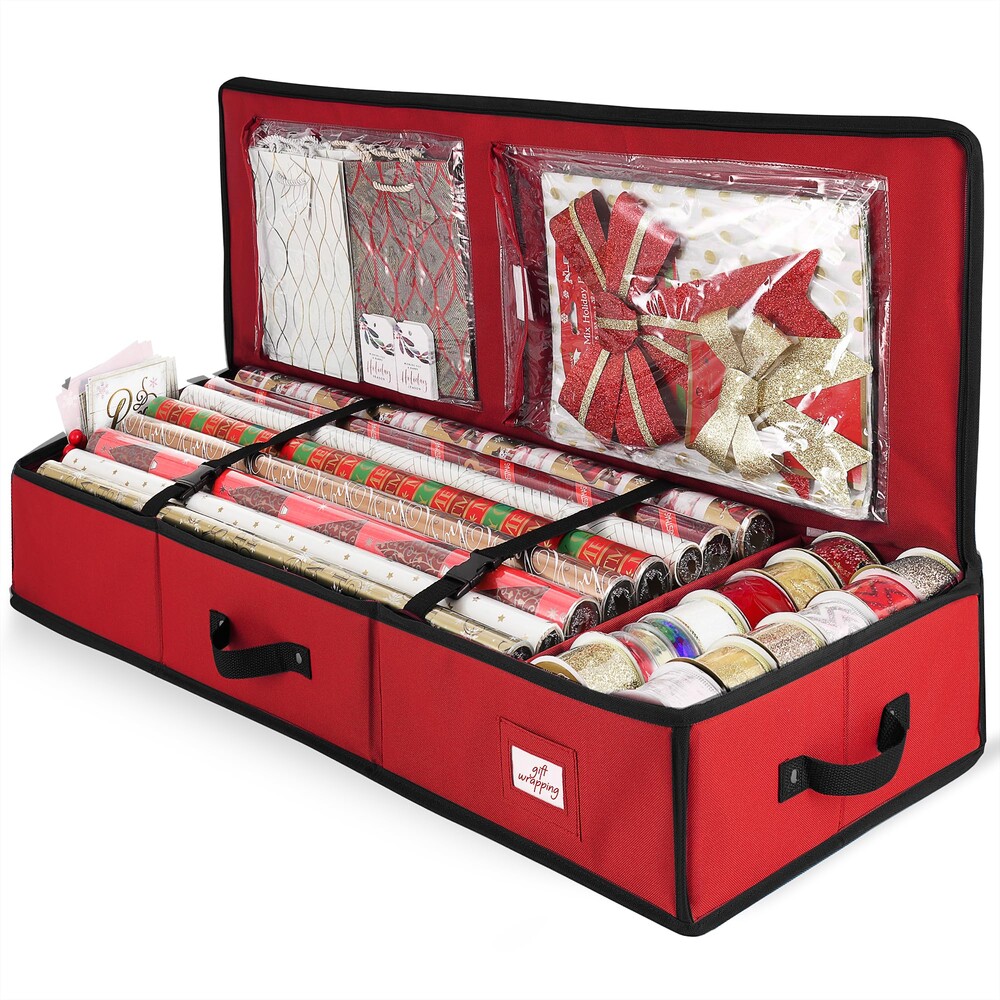 Hearth & Harbor Wrapping Paper Storage Container - Christmas Storage Bag with Interior Pockets - Gift Wrap Organizer Fits Up to 22 Rolls of 40" - Tear Proof, Red