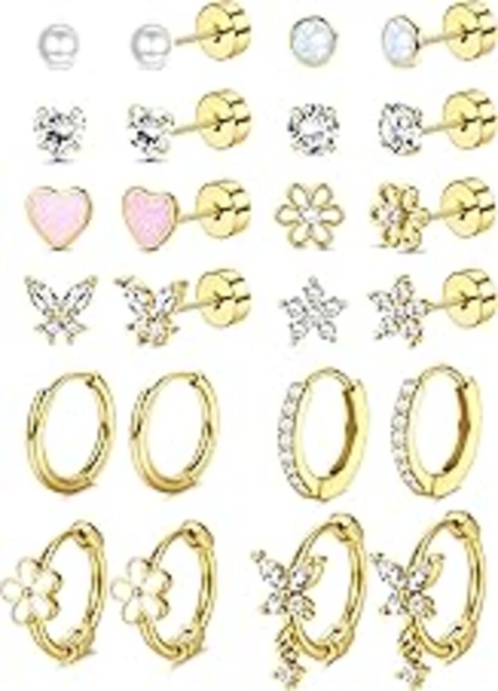 LOLIAS Hypoallergenic Flat Back Earrings for Women Girls-Cute Toddler Kids Teen Girls Earring Set-Surgical Steel Earrings for Sensitive Ears-14K Gold Plated Stainless Steel Flatback Studs Screw Back Small Hoop Cartilage Earring Stacks