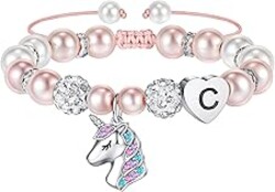 Hidepoo Gifts for Kids Girls - Unicorn Bracelets for Girls Kids, CZ Initial Unicorns Bracelet Adjustable Heart Initial Unicorn Bracelets Jewelry Birthday Gifts for Girl