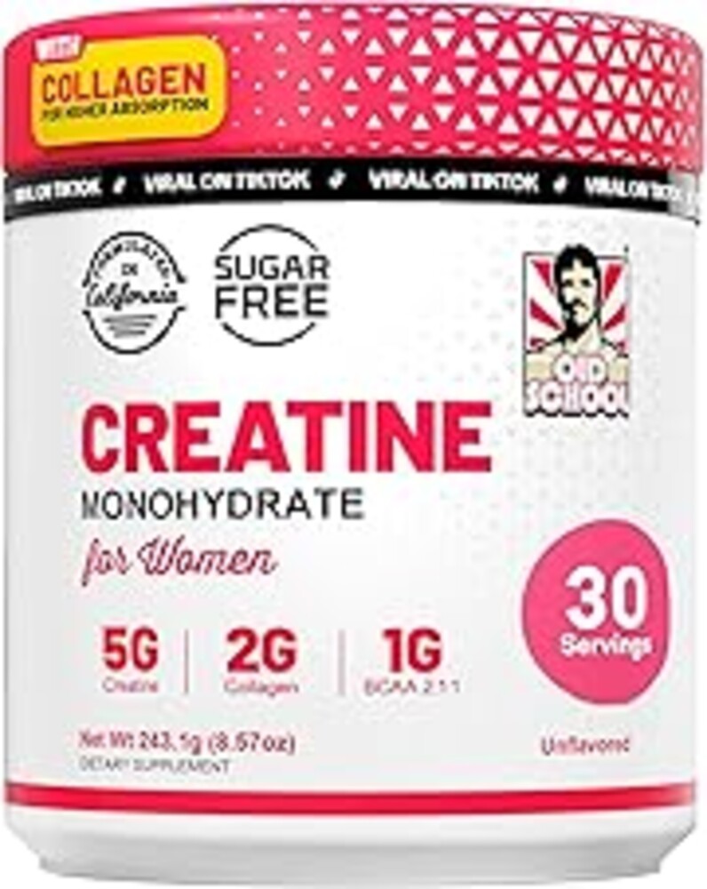 Old School Labs Creatine for Women – Post-Workout Supplement with 5000mg Creatine Monohydrate Powder, 2000mg Collagen & BCAA 2:1:1 for Strength Support & Recovery – Unflavored - 8.57 Ounce (Pack of 1)