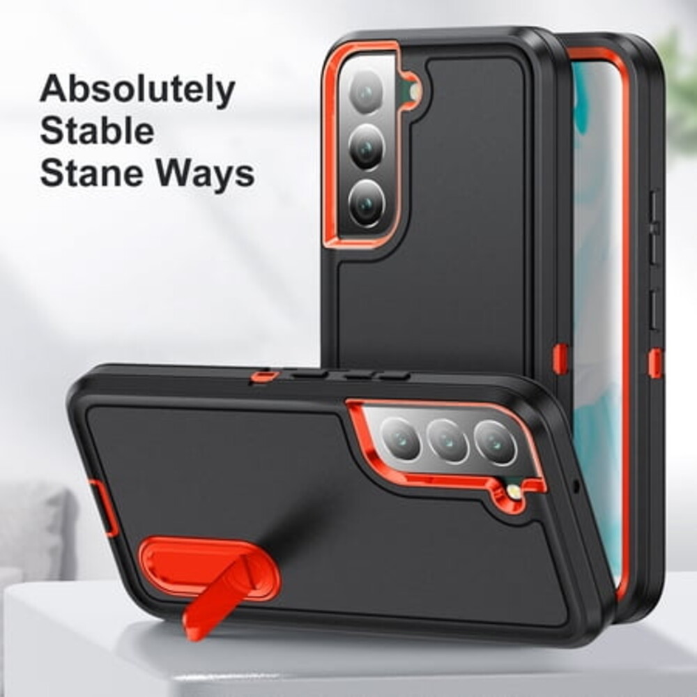 Galaxy S22 Case - TECH CIRCLE [3-in-1] Protective Kickstand Rugged Hard Cover Case for Samsung Galaxy S22 (6.1 Inch) 2022 Release, Black+Orange