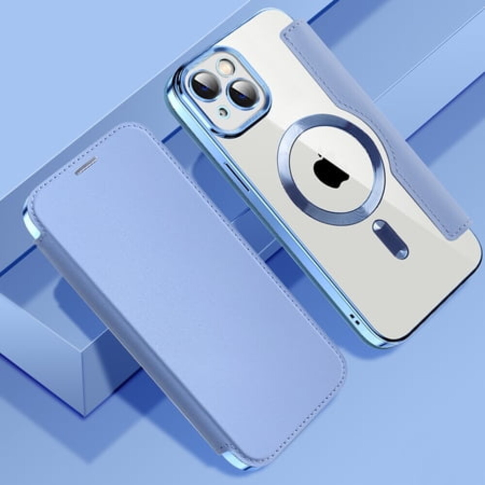 TECH CIRCLE iPhone 14 Plus Case - Clear Back Cover Flip Wallet Case Compatible with MagSafe, Blue
