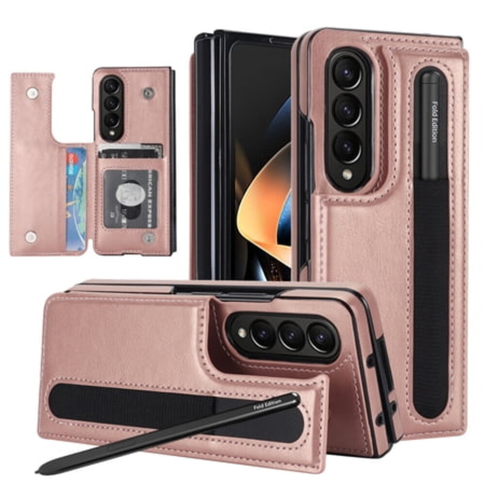 TECH CIRCLE Wallet Case for Samsung Galaxy Z Fold 4 Phone 2022, Premium Leather Case with Card/S Pen Holder Magnetic Button Kickstand Function Cover, Rosegold