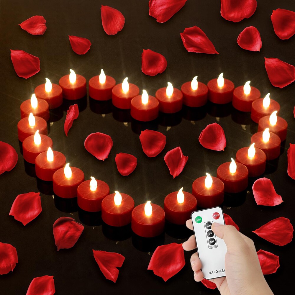 Hanzim Tea Light Candles with Remote Control,Flickering Flameless LED Candle,Long Lasting 400+Hours,Battery Operated with Timer for Home Decoration Seasonal &Festival Celebration Red (24pcs)