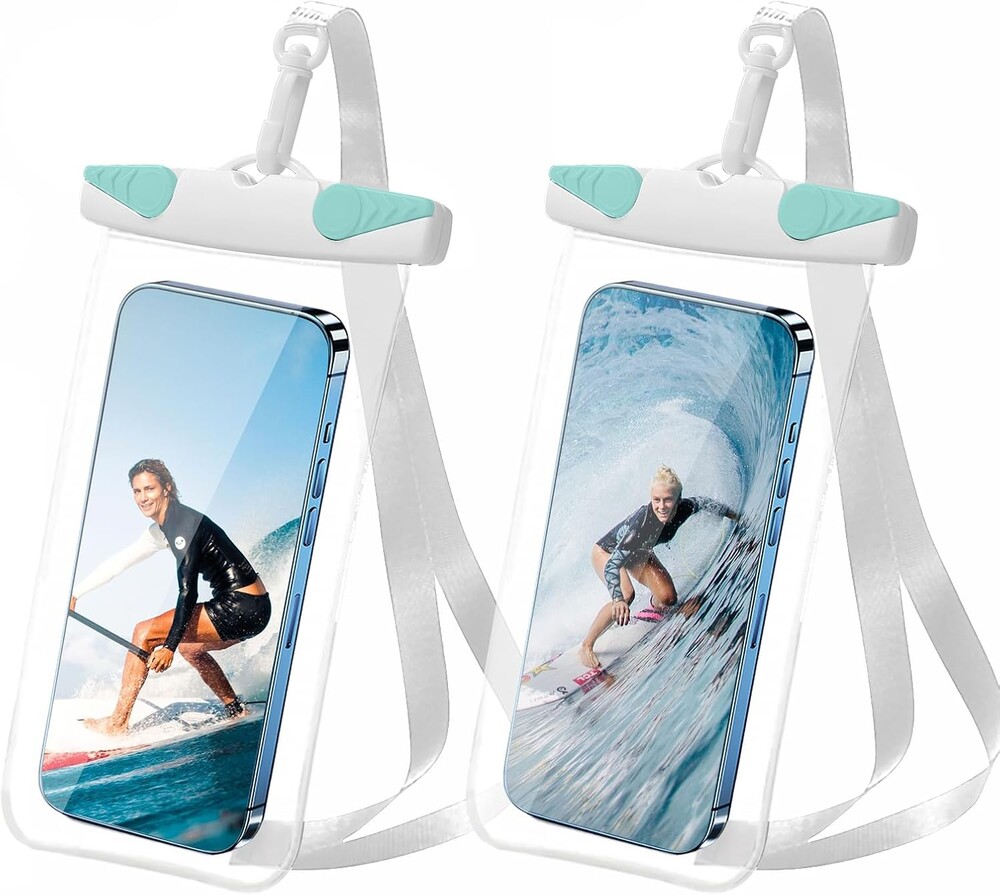 IPX8 Waterproof Phone Pouch for 16/15/14/13/12 Pro Max & Galaxy S24/S23 Samsung's Waterproof Phone case with Lanyard,Cellphone Dry Bag Beach Essentials-2 Bag 7.5 inches (White Green)