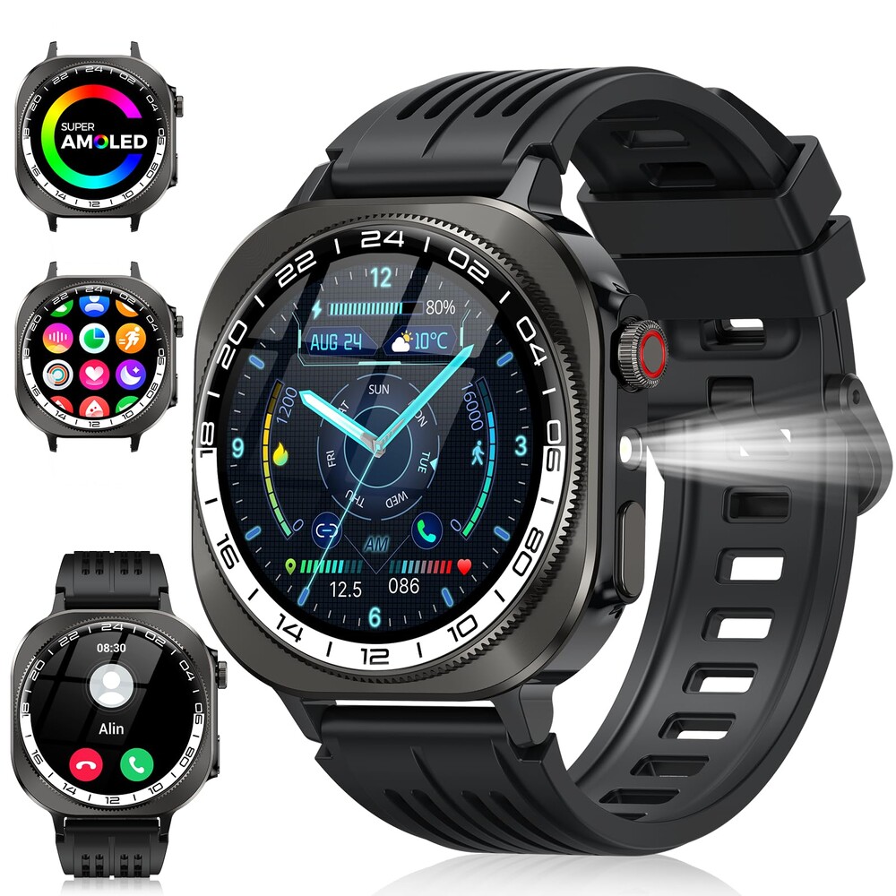 Military Smart Watch, 1.43" 3D-AMOLED Smartwatch for Men Women(Answer/Make Call), 130+ Sports, Heart Rate/Sleep Monitor, 60 Days Flashlight, IP68 Waterproof Fitness Activity Tracker for Android iOS