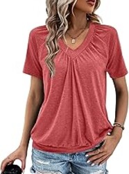 Gihgoew Summer Tops for Women 2025 Shorts Sleeve Womens Tops,V Neck Soft Casual Loose Fit Ruched Top T Shirts Tee Clothes