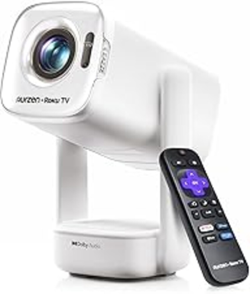 Aurzen Roku TV USB-C Powered Smart Portable Projector with Wifi and Bluetooth, D1R air Roku TV Built-in, Native 1080P, DoIby Audio, Mini Projector for Home, Soccer Game/Outdoor Movies, White