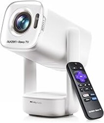 Aurzen Roku TV USB-C Powered Smart Portable Projector with Wifi and Bluetooth, D1R air Roku TV Built-in, Native 1080P, DoIby Audio, Mini Projector for Home, Soccer Game/Outdoor Movies, White