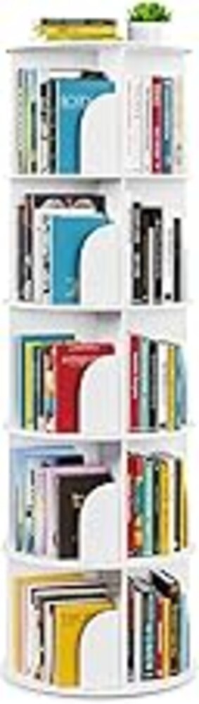 SpaceAid 5 Tier Rotating Bookshelf Tower, Spinning Bookcase Lazy Susan, Revolving 360 Book Shelf Storage Round Carousel, Vertical Rotate Turning Spiral Corner Organizer, White