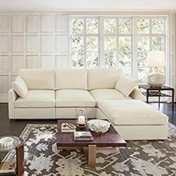 Iroomy Sectional Cloud Couch for Living Room, Spring Cushion Seating, L Shaped Convertible Modular Sofa with Ottoman, Beige