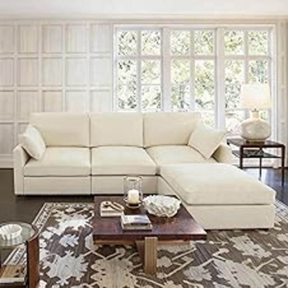 Iroomy Sectional Cloud Couch for Living Room, Spring Cushion Seating, L Shaped Convertible Modular Sofa with Ottoman, Beige
