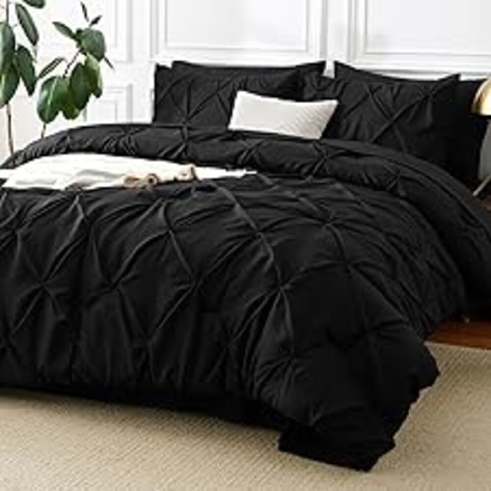 CozyLux King Size Comforter Set Black, 7 Pieces Pintuck Bed in A Bag, All Season Comforter King Size, Bed Set Gift for Family, Pinch Pleat Bedding Set with Comforter, Sheets, Pillowcases & Shams