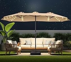 15ft Large Double Sided Patio Umbrella with 48 Solar LED Lights & Base Included, Heavy Duty Market Table Umbrella with 220gsm Fade-Resistant Canopy for Commercial & Residential, Deck, Pool, Backyard (Beige)