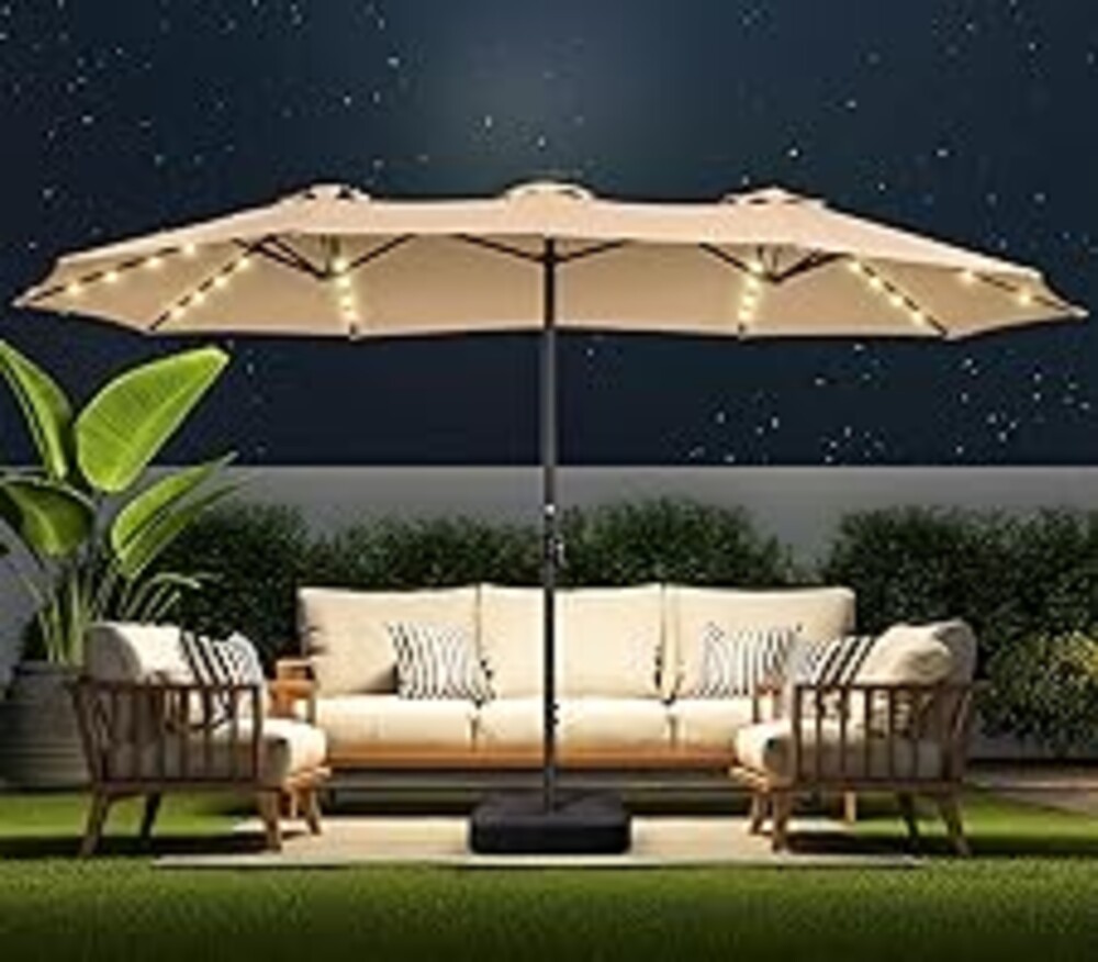 15ft Large Double Sided Patio Umbrella with 48 Solar LED Lights & Base Included, Heavy Duty Market Table Umbrella with 220gsm Fade-Resistant Canopy for Commercial & Residential, Deck, Pool, Backyard (Beige)