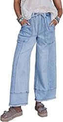 SHEWIN Women's Wide Leg Jeans High Waisted Baggy Jeans Stretchy Drawstring Denim Pants