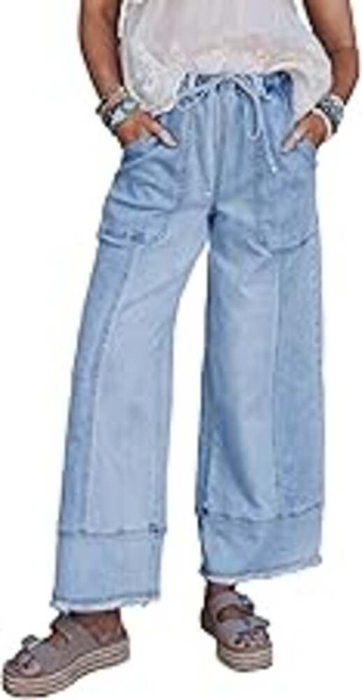 SHEWIN Women's Wide Leg Jeans High Waisted Baggy Jeans Stretchy Drawstring Denim Pants