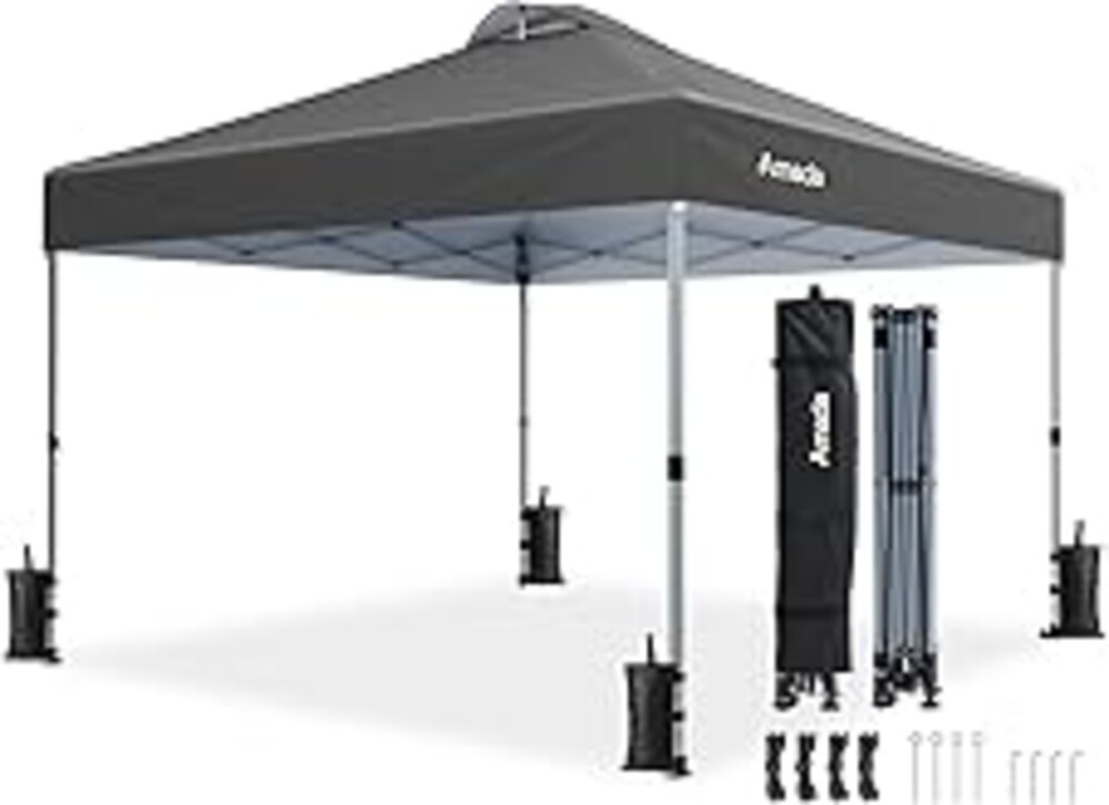 Amada 10x10 Pop Up Canopy - Center Lock One Push Instant Setup Wheeled Gazebo Outdoor Canopy Beach Tent with STO-N-Go Bag 8 Stakes & 4 Sand Bags, 3-Height Adjustable Shade Shelter (10x10ft, Grey)