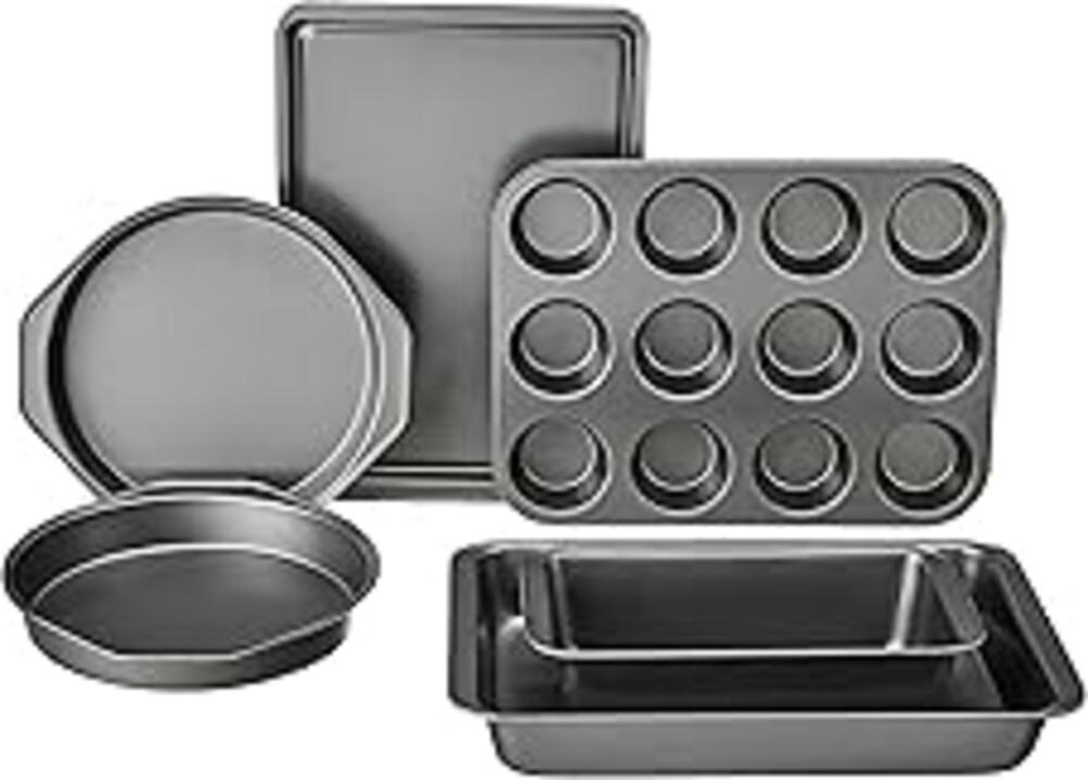 Amazon Basics 6 Piece Nonstick Carbon Steel Bakeware Set with Cake, Muffin, Cookie, and Loaf Pans, Easy Release, Oven Safe, 16.25 x 11.75 x 6.25 inches