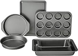 Amazon Basics 6 Piece Nonstick Carbon Steel Bakeware Set with Cake, Muffin, Cookie, and Loaf Pans, Easy Release, Oven Safe, 16.25 x 11.75 x 6.25 inches