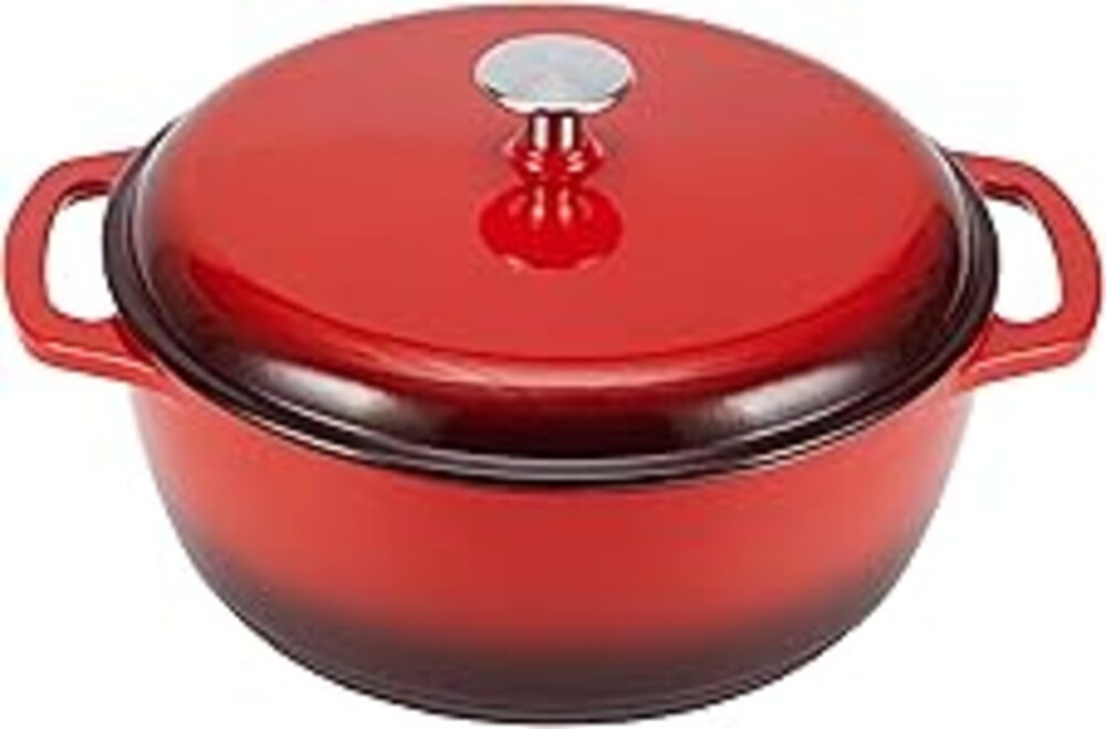 Amazon Basics Enameled Cast Iron Dutch Oven Pot with Lid, Round, Dual Handles, Heavy-Duty, Oven Safe for Stews, Roasting, Baking, 6-Quart, Red