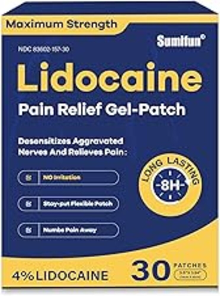 Sumifun 4% Lidocaine Pain Relief Patches 30 Count Maximum Strength Numbing Gel Patch for Back Knee Neck Joint Ache Muscle Soreness Topical Analgesic