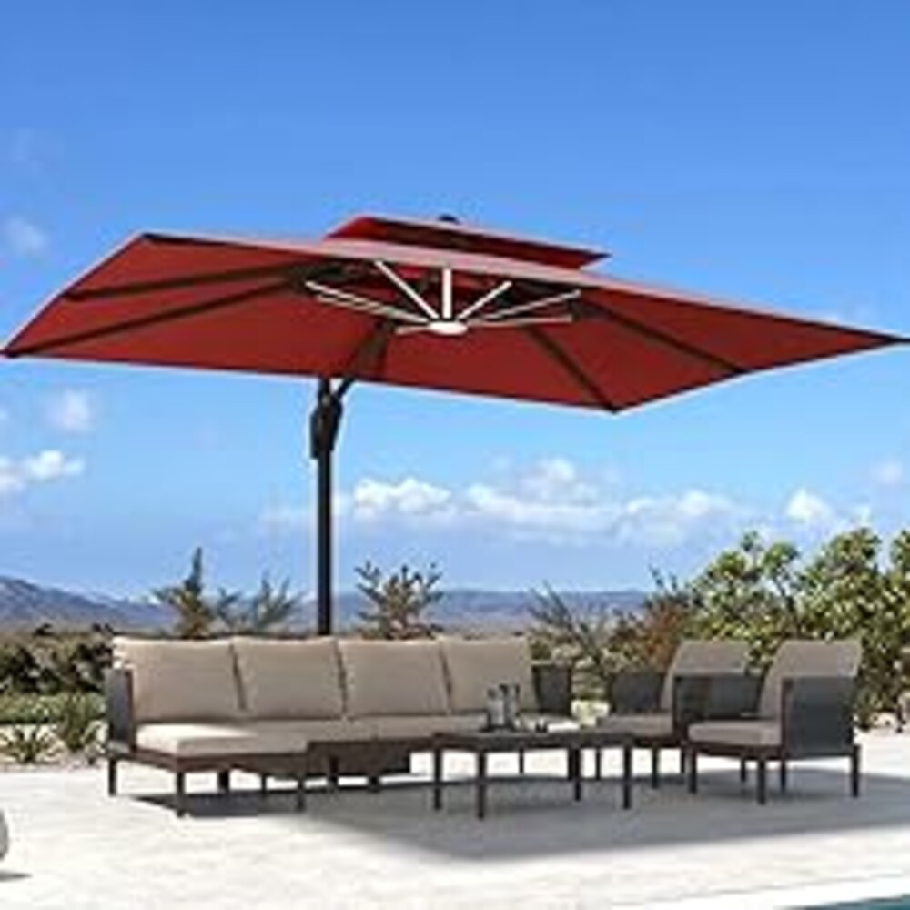 10' X 13' Patio Umbrella with Weighted Base and LED Lights Outdoor Cantilever Large Rectangle Offset Umbrellas Heavy Duty Aluminum Double Top with 360-degree Rotation for Pool Garden Deck, Red