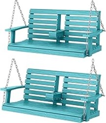 KINGYES Outdoor Hanging Porch Swing Set of 2, 2 Seat Patio Swing Recliner with Cup Holders, Waterproof Swing Recliner Bench for Courtyard & Garden, 660LBS Weight Capacity, Aruba Blue