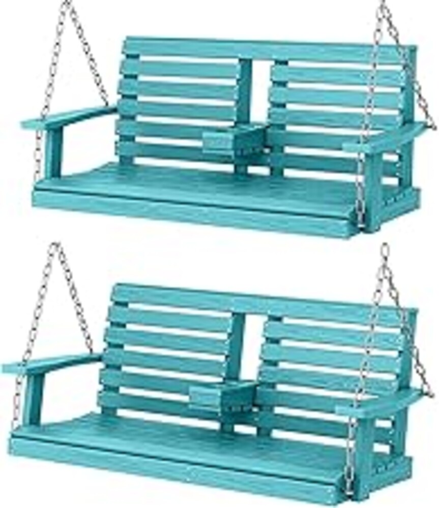 KINGYES Outdoor Hanging Porch Swing Set of 2, 2 Seat Patio Swing Recliner with Cup Holders, Waterproof Swing Recliner Bench for Courtyard & Garden, 660LBS Weight Capacity, Aruba Blue
