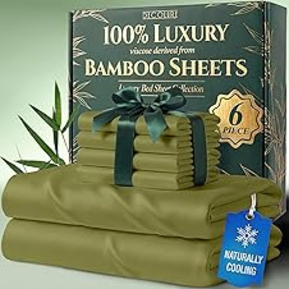 DECOLURE 100% Viscose Derived from Bamboo Sheets Full Size - Luxury 6 Pc Naturally Cooling Sheets, Ultra Soft Bed Set - Deep 17" Pockets, Durable Double Stitching, Oeko Tex Standard (Light Olive)