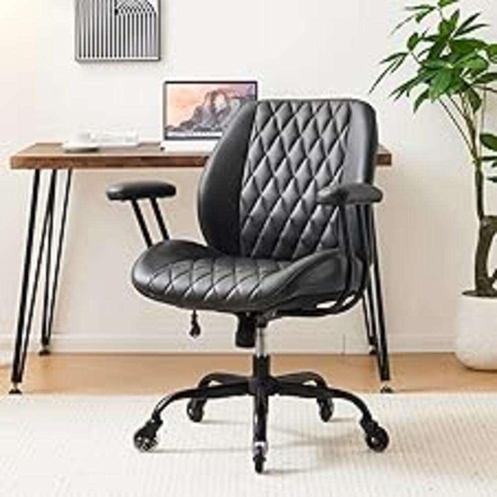 YFO Home Office Desk Chair Office Rubber Casters Ergonomic Computer Chair with Lumbar Support Adjustable Height Rolling Swivel Executive Task Armrests Chair， Black PU