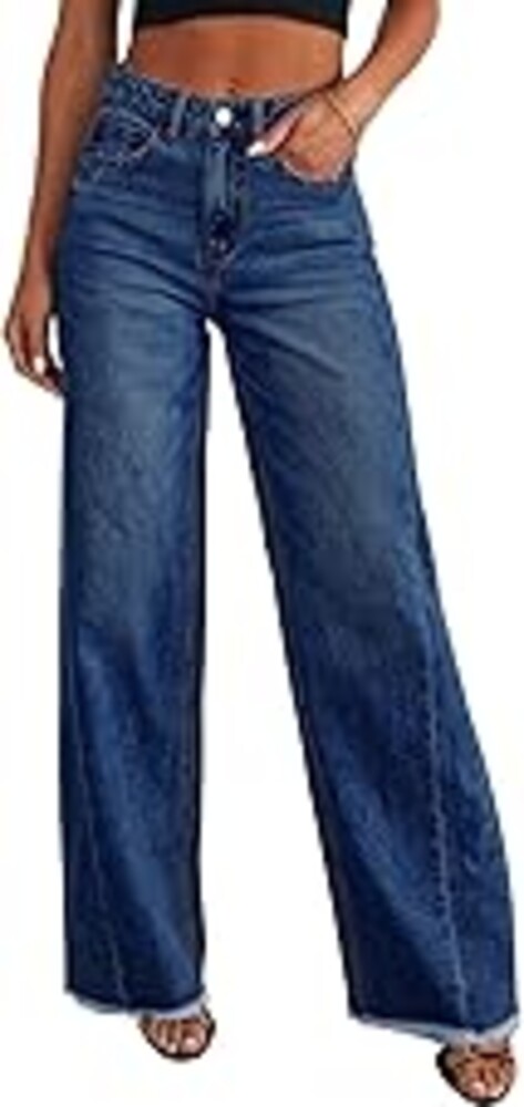 Sidefeel Women's Wide Leg Jeans High Waisted Stretchy Raw Hem Zimbaplatinum Denim Pants