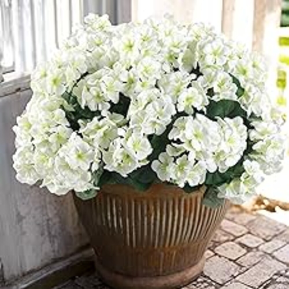Hananona 12 Pcs Artificial Geranium Flowers for Outdoors Geranium White Silk Flowers Outdoor UV Resistant Garden Plants Faux Flowers for Home Kitchen Table Centerpieces Decor (12, White)