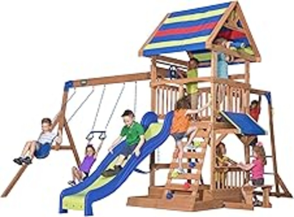 Backyard Discovery Beach Front Cedar Wood Swing Set with Wave Slide, Play Deck, Monkey Bars, Rock Wall Ladder, Shaded Picnic Area, Snack Bar, Belt Swings, Trapeze, Sandbox Area, Outdoor Playset