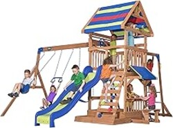 Backyard Discovery Beach Front Cedar Wood Swing Set with Wave Slide, Play Deck, Monkey Bars, Rock Wall Ladder, Shaded Picnic Area, Snack Bar, Belt Swings, Trapeze, Sandbox Area, Outdoor Playset