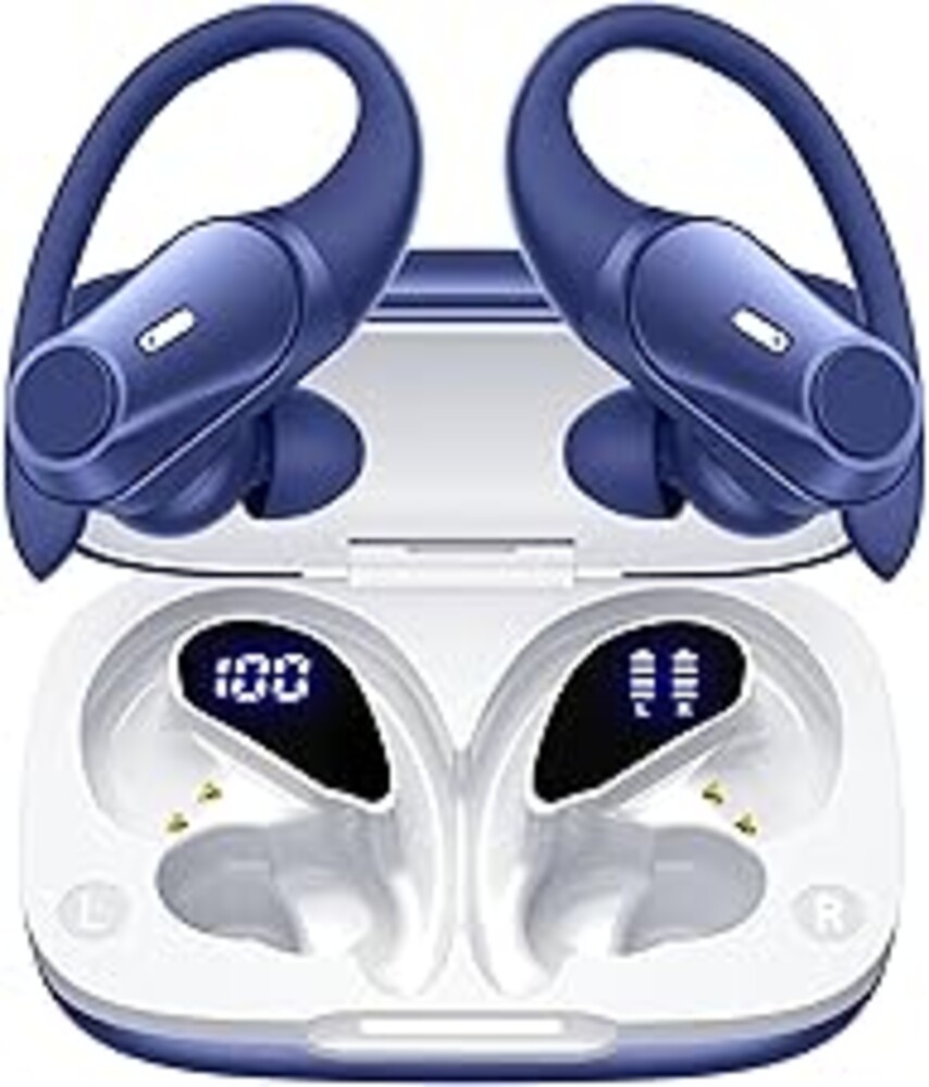 Active Noise Cancelling Ear Buds Wireless Earbuds 80H Playtime Bluetooth Headphones Over Ear Hooks Earphones with Power Display Case Hi-Res Stereo & Clear Calls for Sports Running Gym Workout Blue